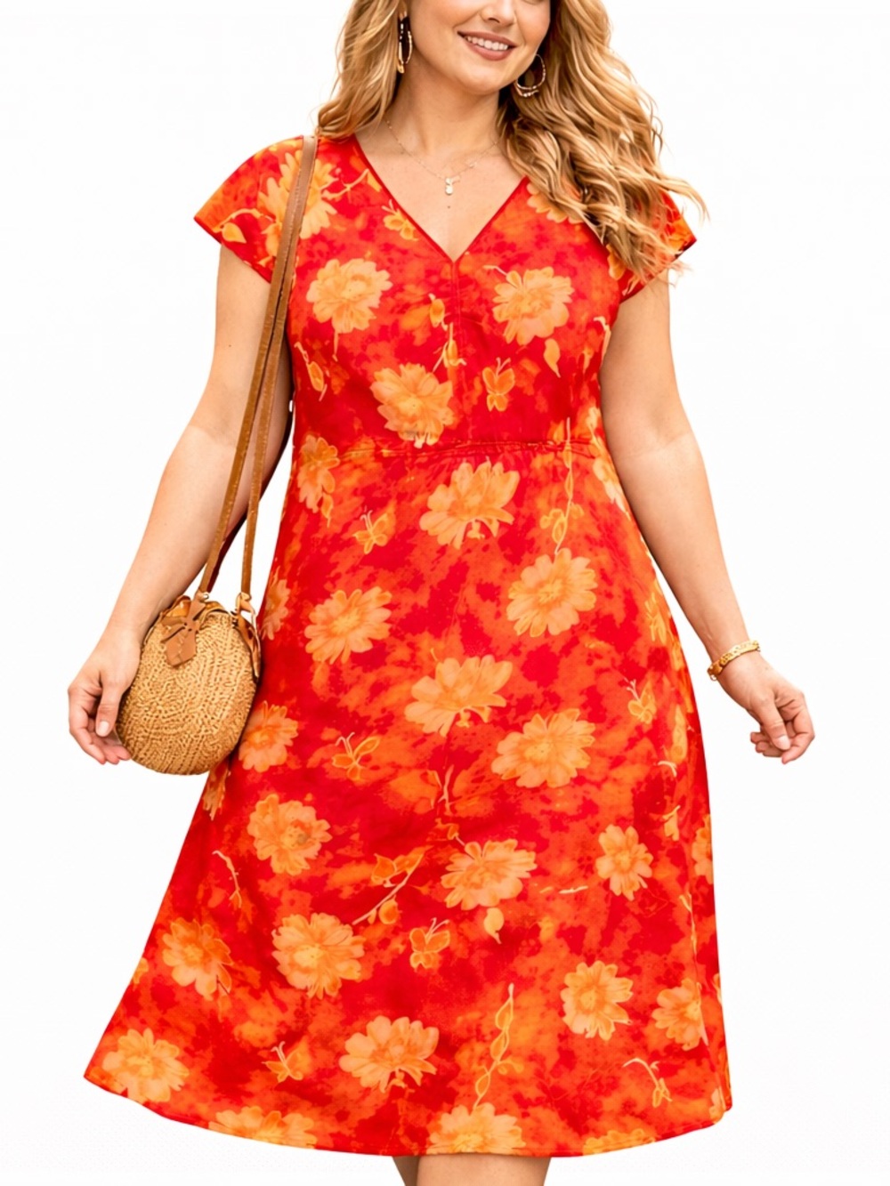 CJ Banks Red Orange Floral Dress Size 14 W Short Sleeve V Neck NWT
